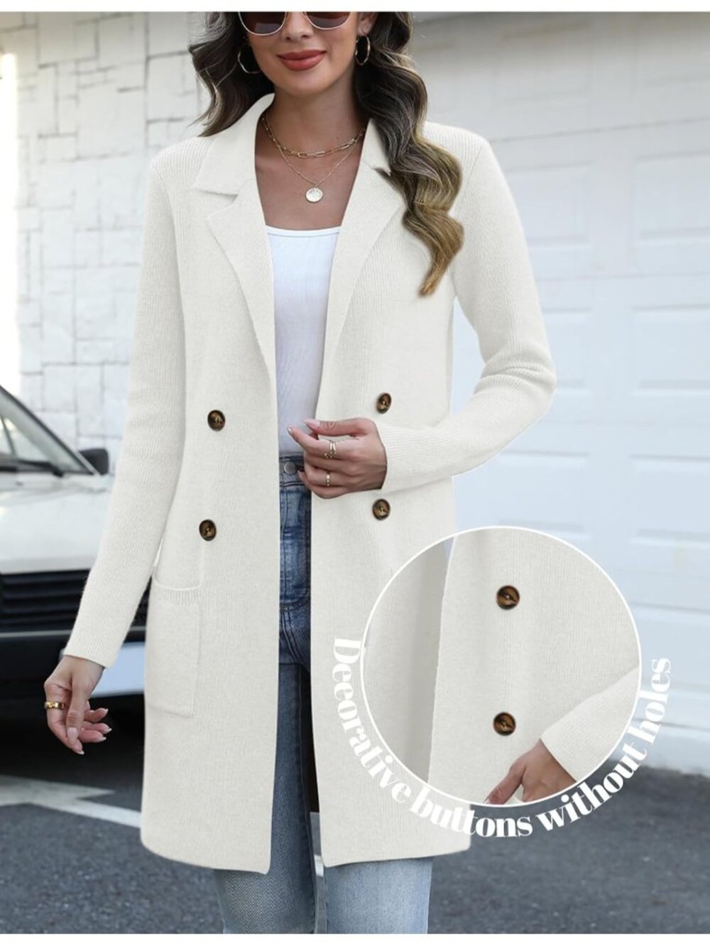Women's White Long Knit Cardigan Open Front Coatigan Lapel Button Pocket Sweater - Picture 4 of 5